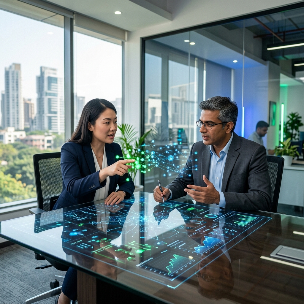 AI consulting professionals collaborating over holographic data visualization